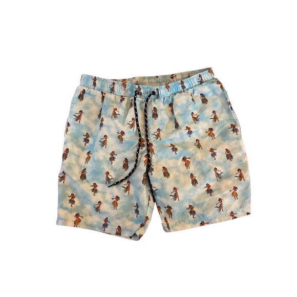 Distortion  NWT, UPF, 50 mins, blue, Hawaiian girl, print swim trunks, size medi - Picture 4 of 5